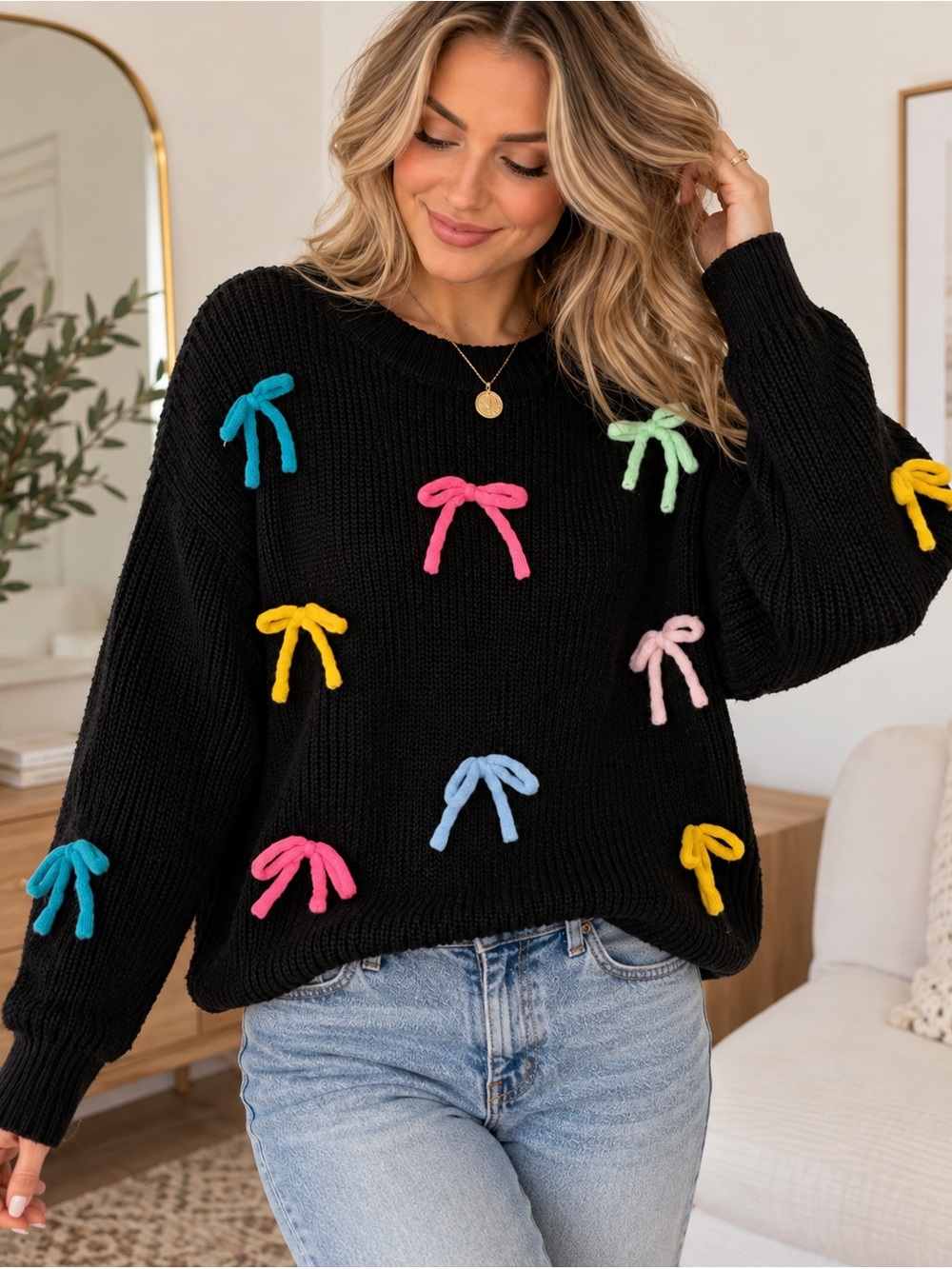 Black Chunky Knit Sweater Colorful 3D Bow Appliques Plus Size 1XL